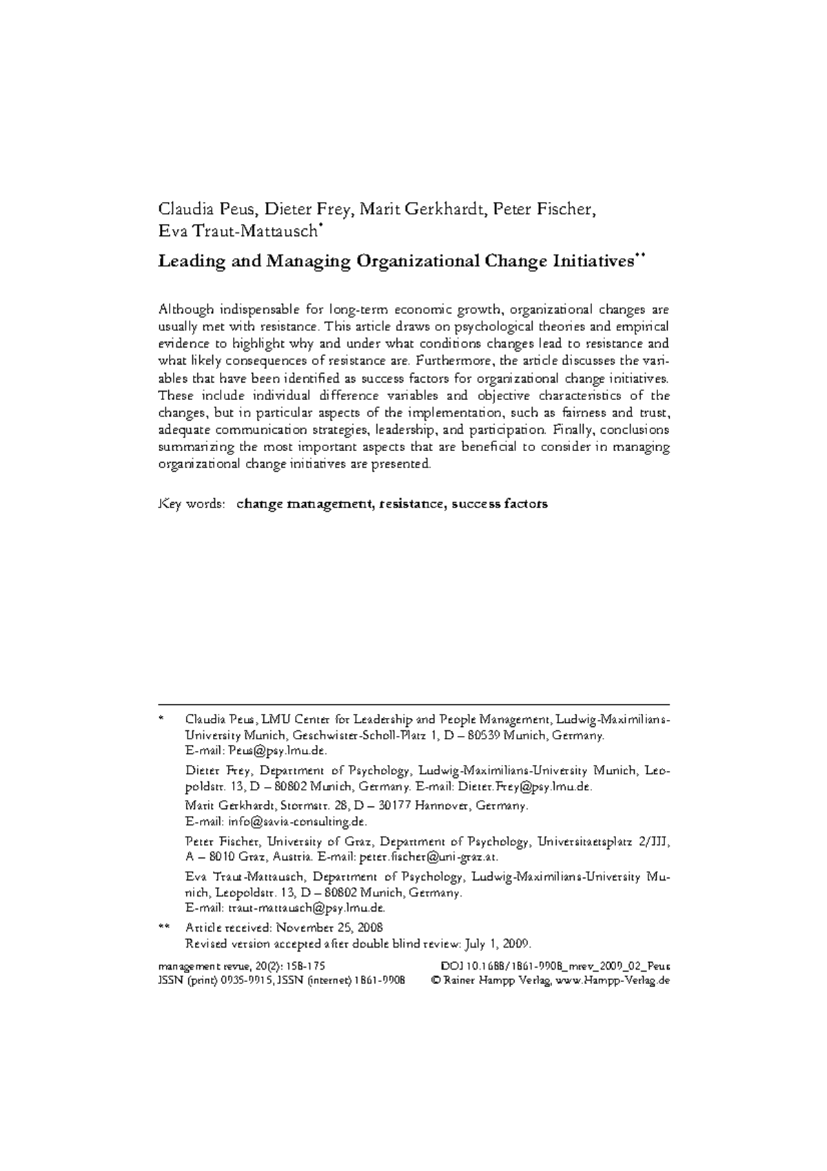 Leading and managing organisational change - management revue, 20(2 ...