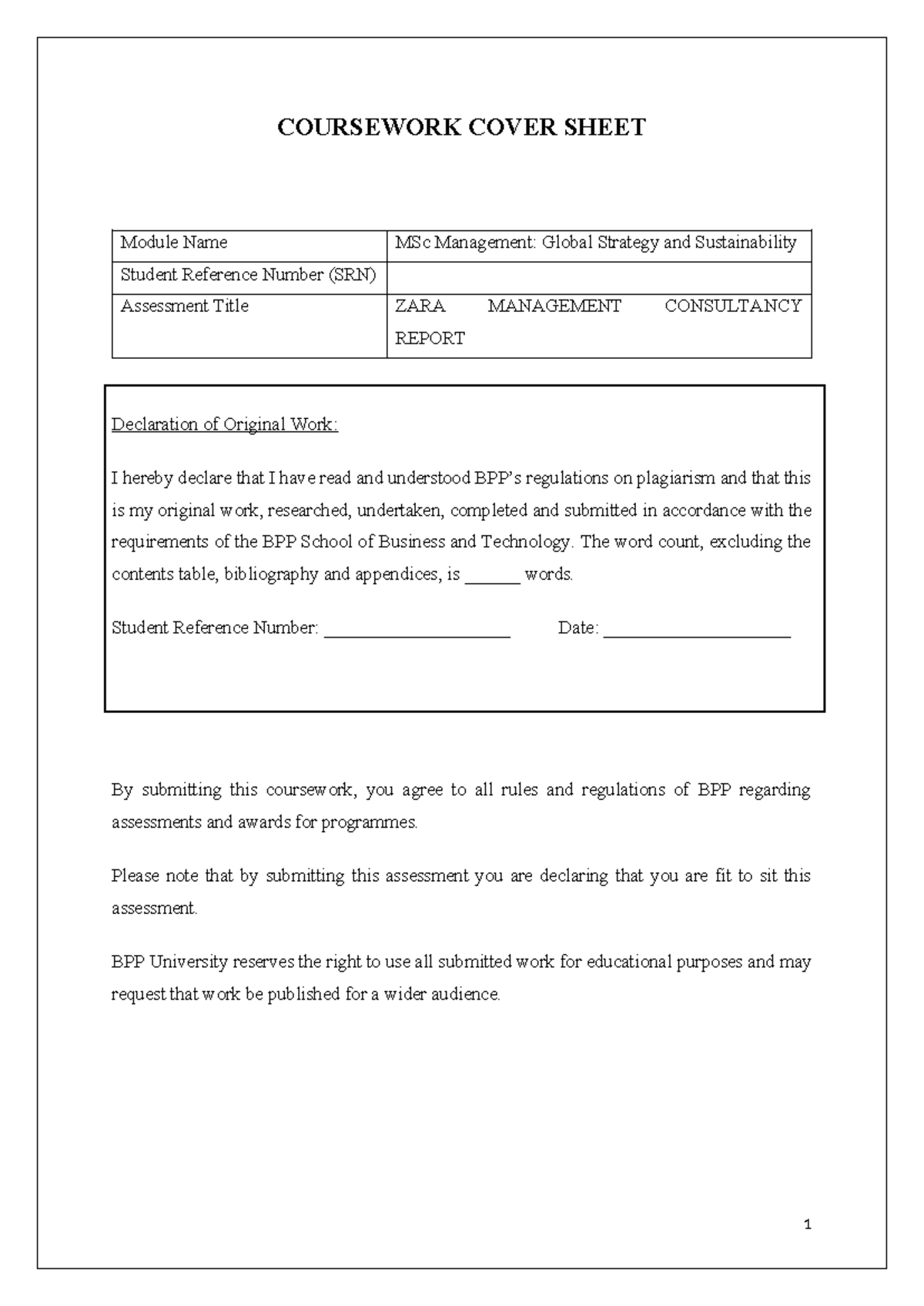 Business Management Sample - COURSEWORK COVER SHEET Module Name MSc ...