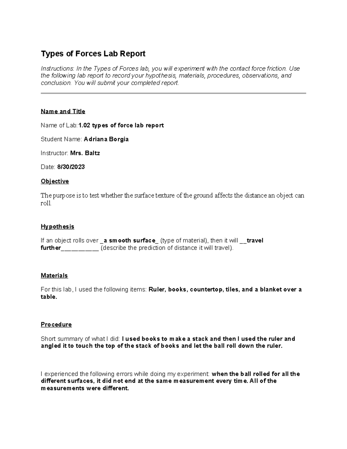 Types of Forces Lab Report A. Borgia - Types of Forces Lab Report ...