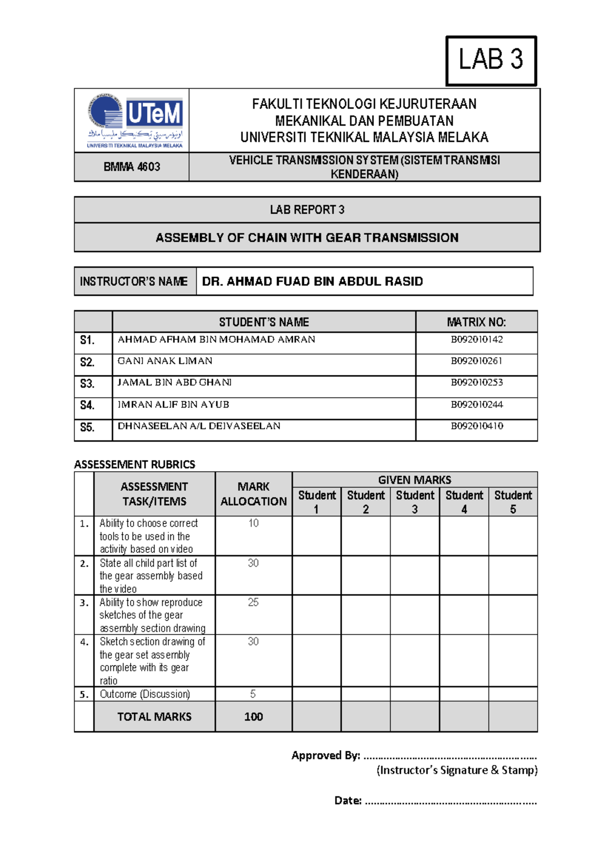 BMMA 4603 LAB Report 3 Assembly Of Chain With Gear Transmission ...