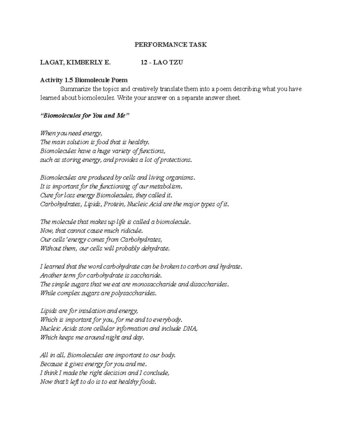 Phy Sci Biomolecule POEM PETA3 (Kim L PERFORMANCE TASK LAGAT, KIMBERLY E. 12 LAO TZU