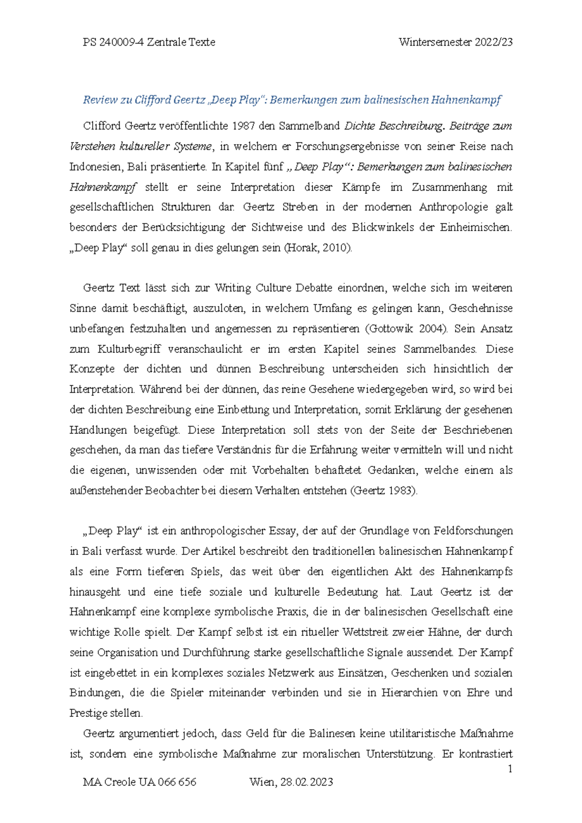Review-Berger - Literature Review on Deep Play by Geertz - PS 240009-4 ...