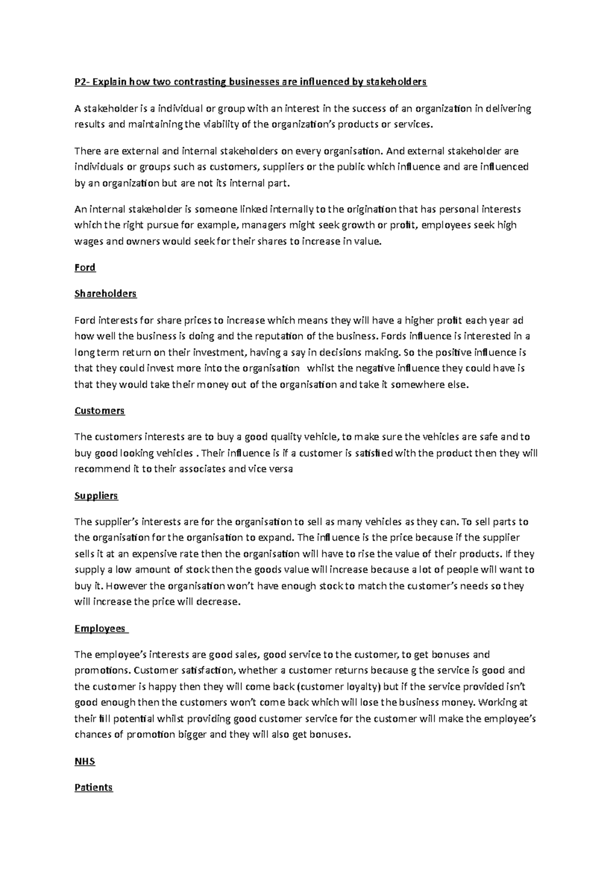 P2 stakeholders - P2- Explain how two contrasting businesses are ...