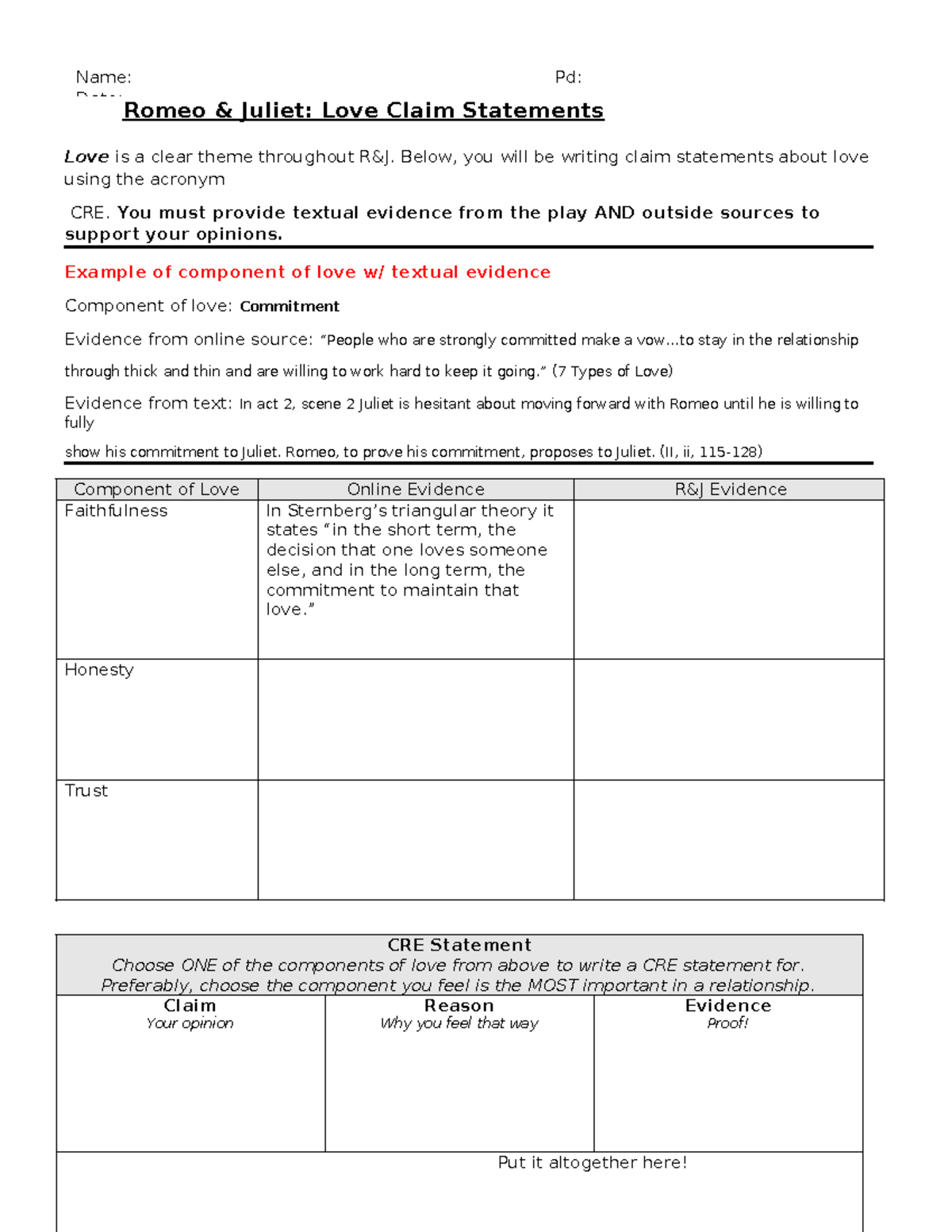 Love CRE Statements R&J - Name: Pd: Date: Romeo & Juliet: Love Claim ...