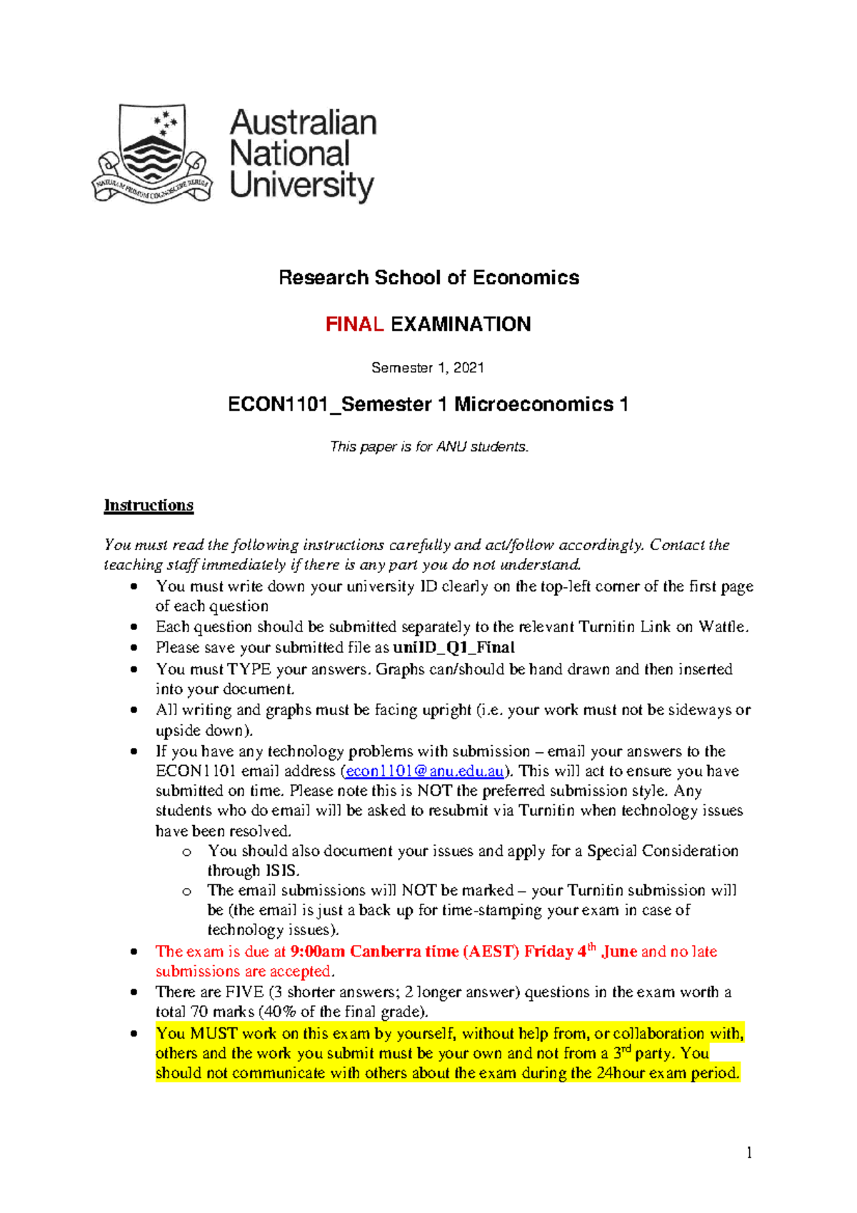 Final Exam ECON1101 S12021 - 1 Research School Of Economics FINAL ...