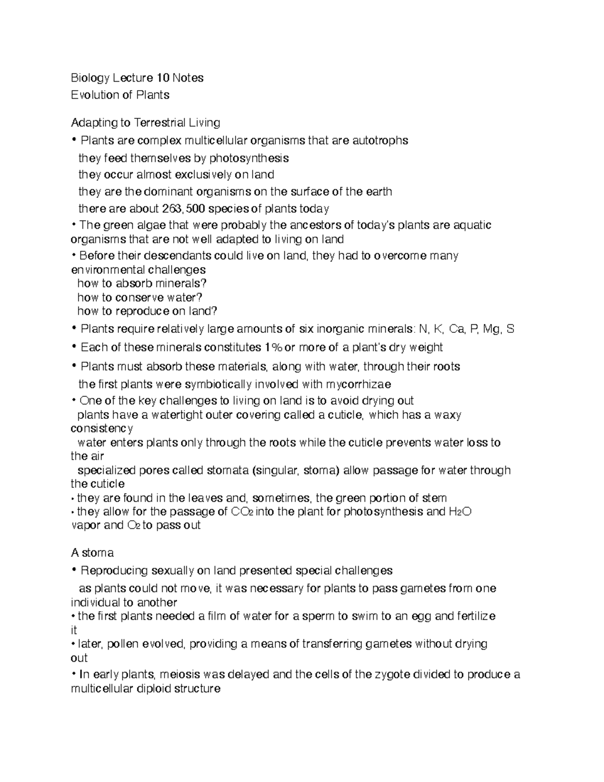 Bio 10 - plants biology class notes - Biology Lecture 10 Notes ...