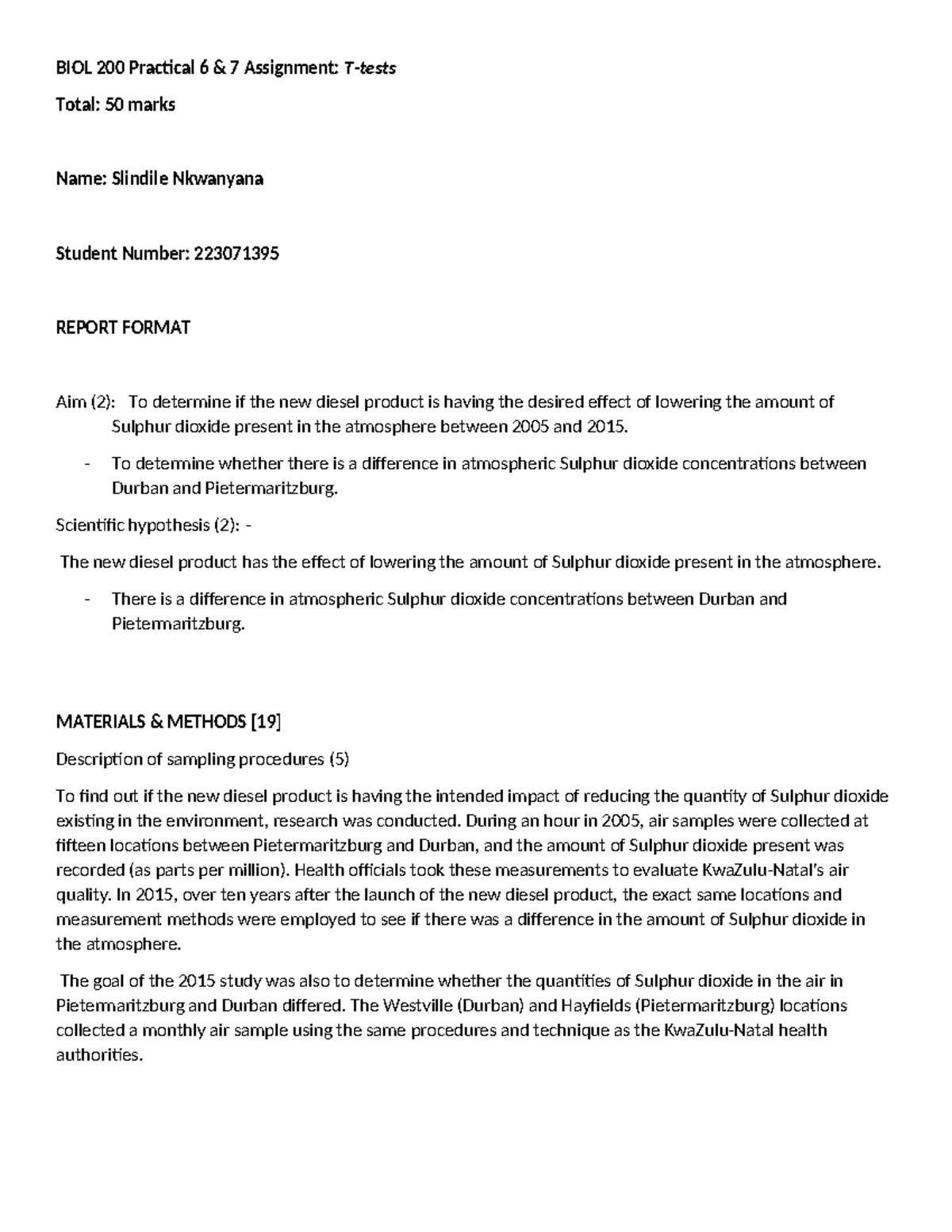 BIOL200 T Tests Student Answersheet final - BIOL 200 Practical 6 & 7 ...