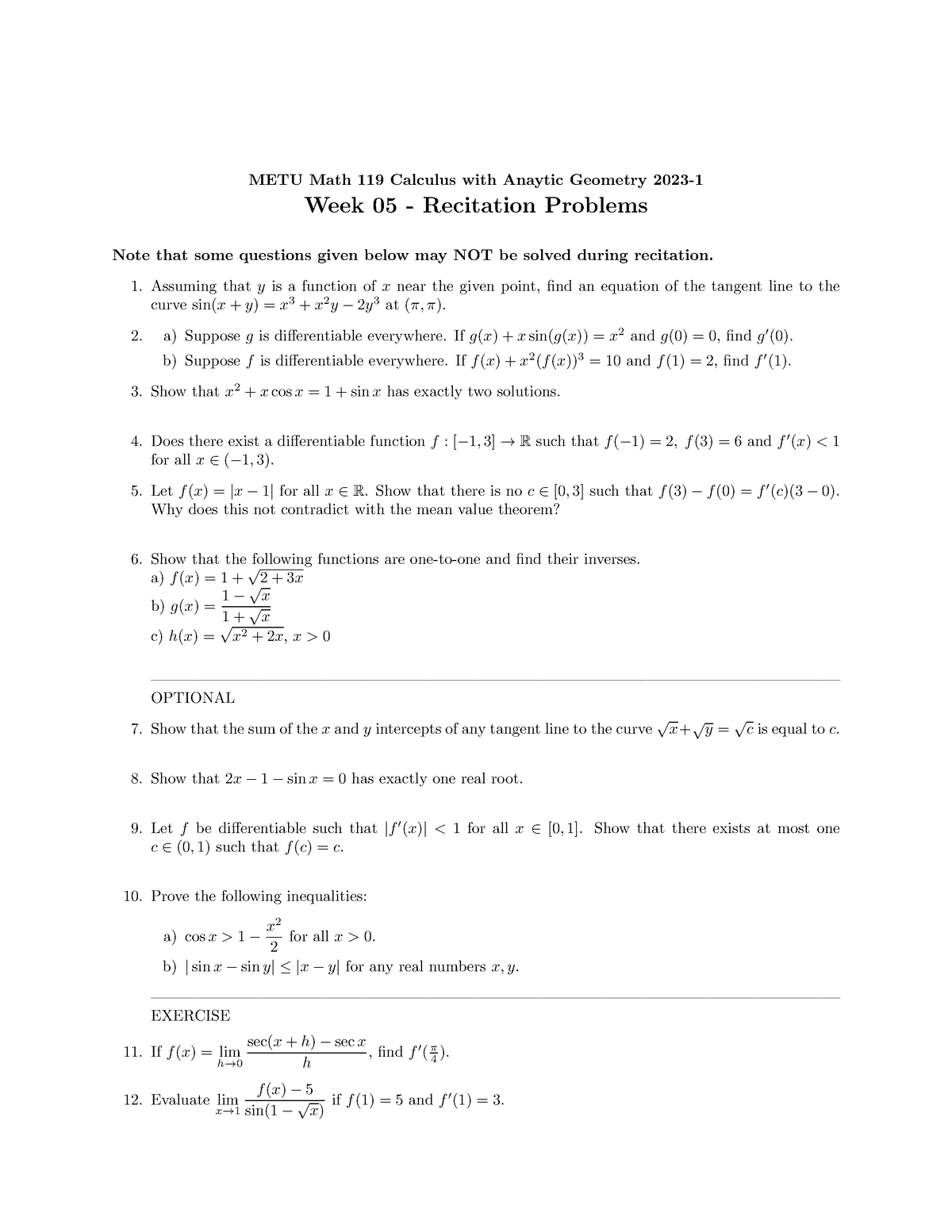 MATH 119 2023-1 Recitation Week 05 - METU Math 119 Calculus With ...