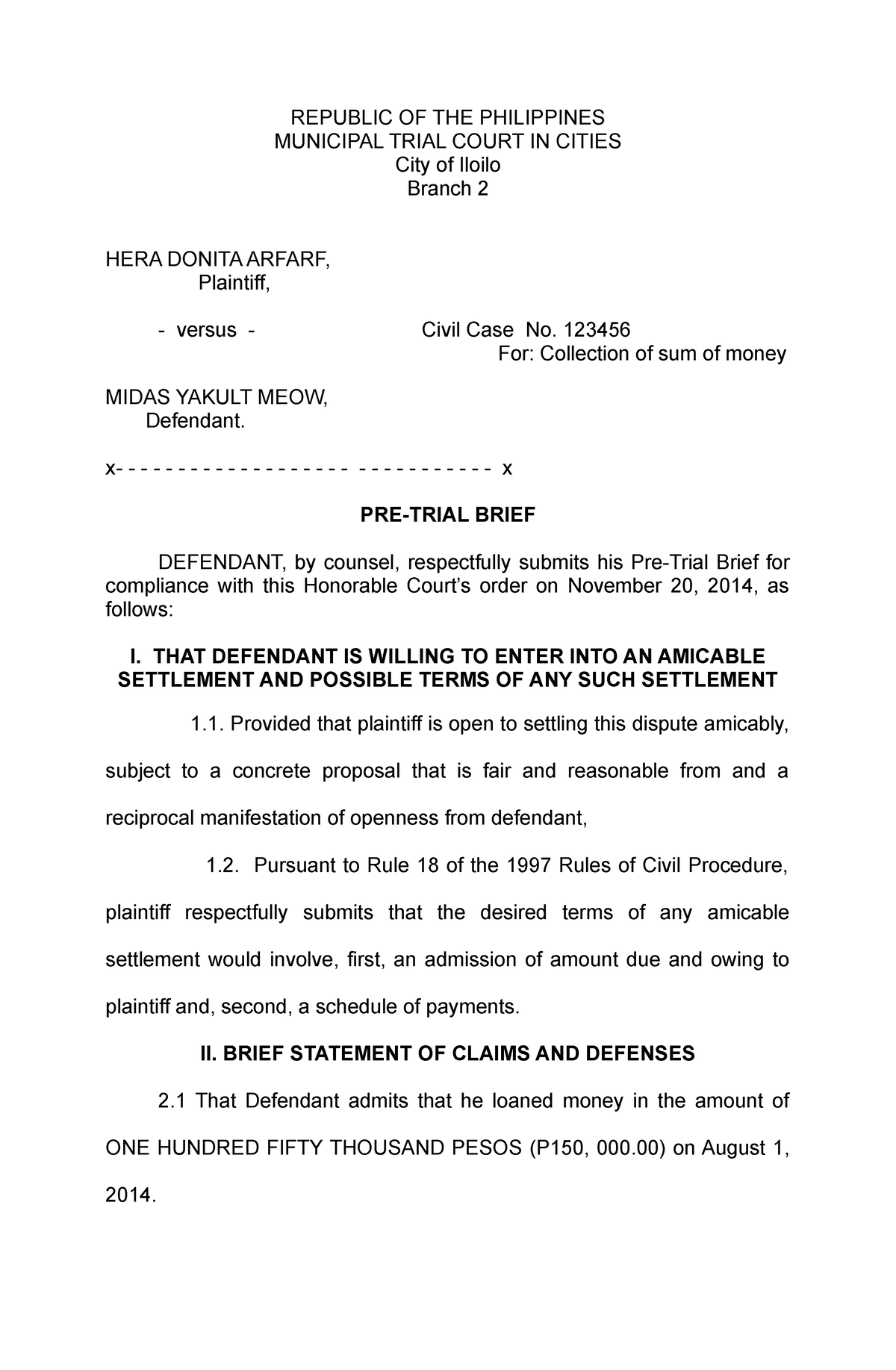 Sample only PRE Trial Brief FOR Defendan - REPUBLIC OF THE PHILIPPINES ...