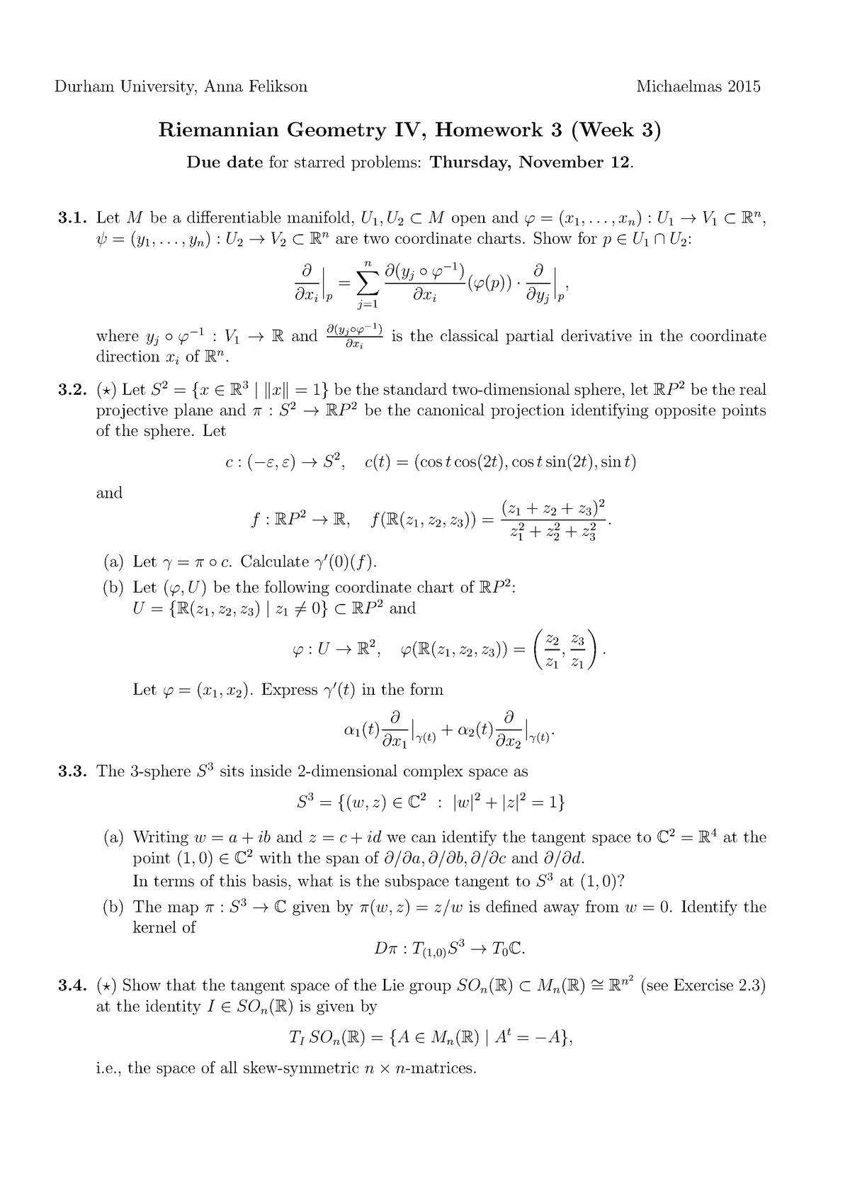 Math4171 15 16 Assignment 3 Riemannian Geometry Iv Studocu