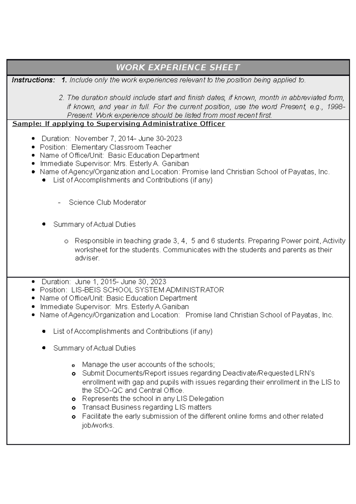 Work Experience Sheet Pdf Download