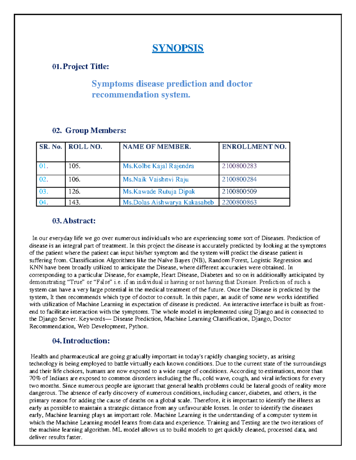 Synopsis - 01. Project Title: SYNOPSIS Symptoms disease prediction and ...