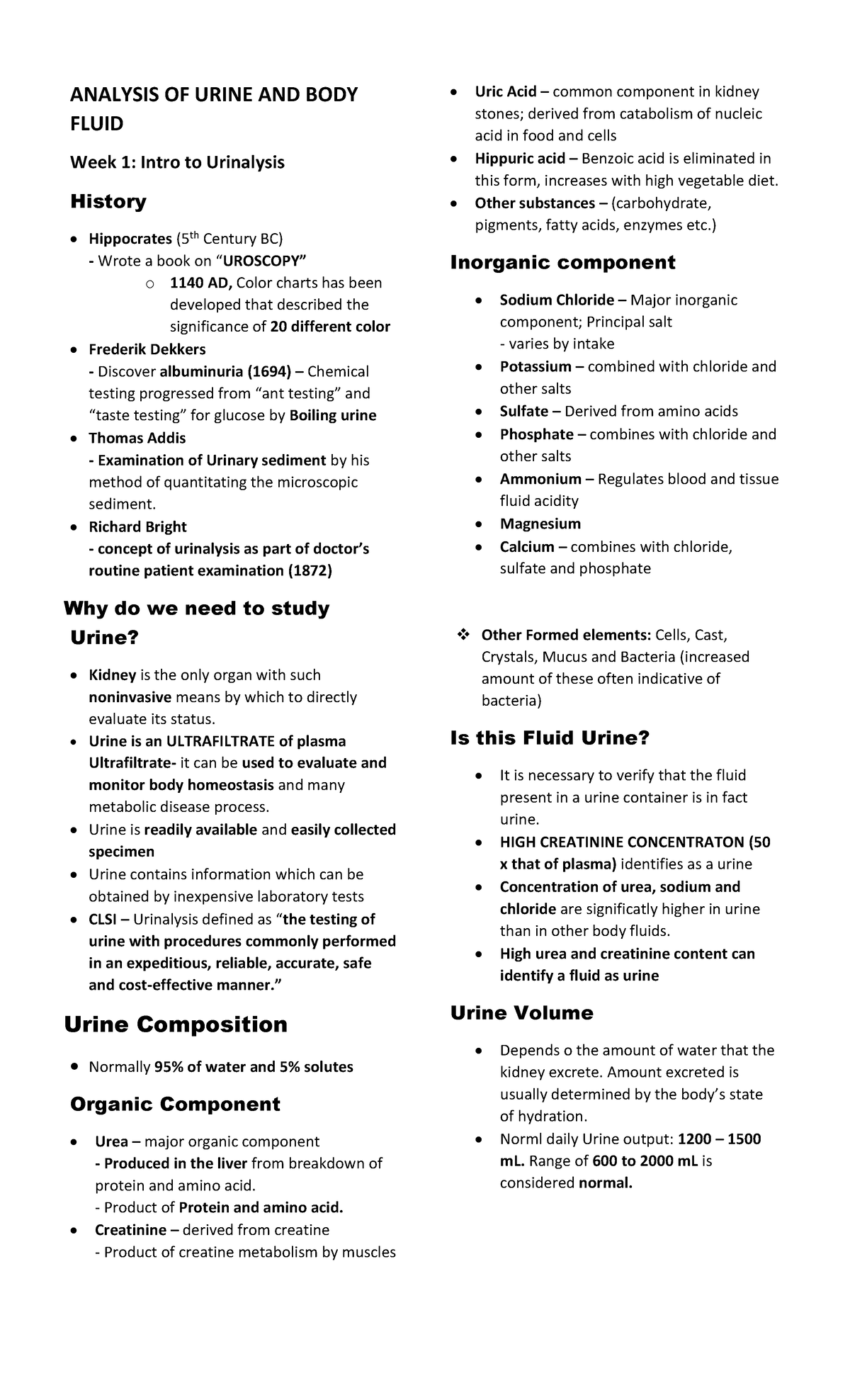 AUBF reviewer week 2 ANALYSIS OF URINE AND BODY FLUID Week 1 Intro