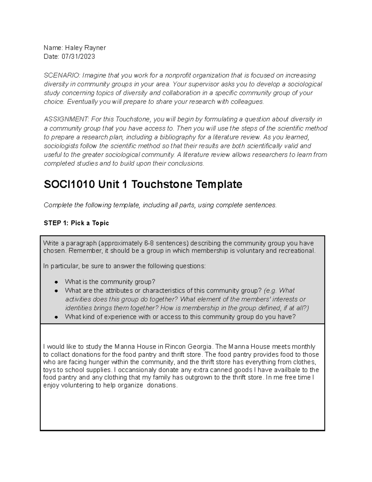 Touchstone 1 sociology - Name: Haley Rayner Date: 07/31/ SCENARIO ...