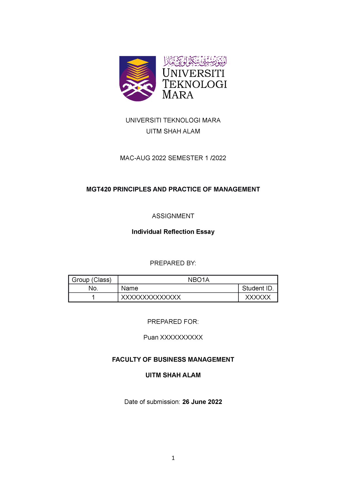 MGT420-Individual Reflection Essay - UNIVERSITI TEKNOLOGI MARA UITM ...