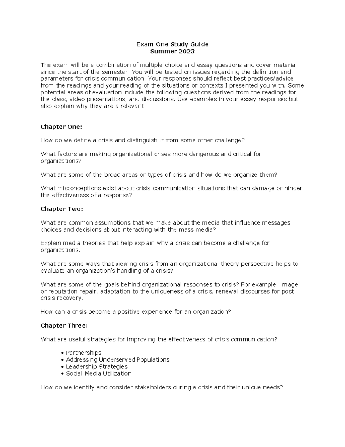 Crisis Communication Exam 1 Study Guide Summ 2023 - Exam One Study ...