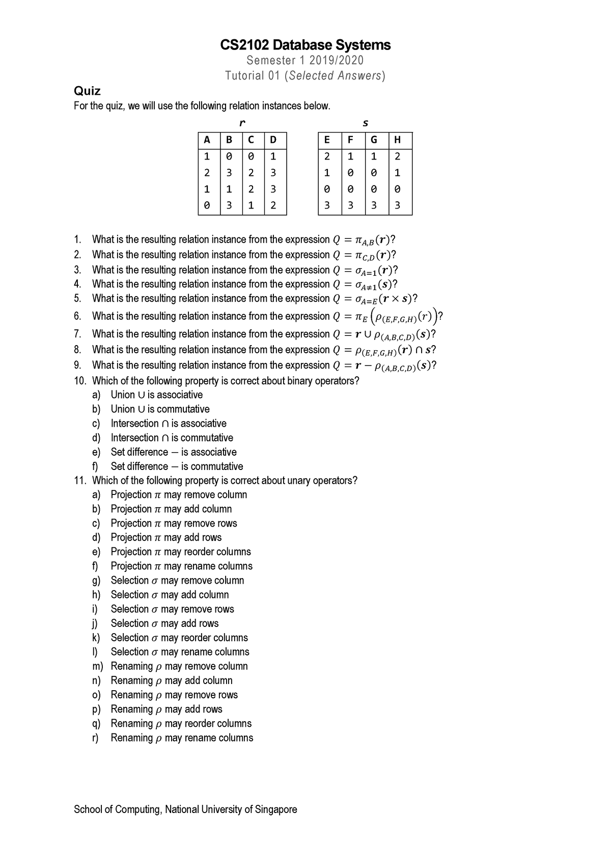 Tutorial 01 Selected Ans - CS2102 Database Systems Semester 1 2019 ...