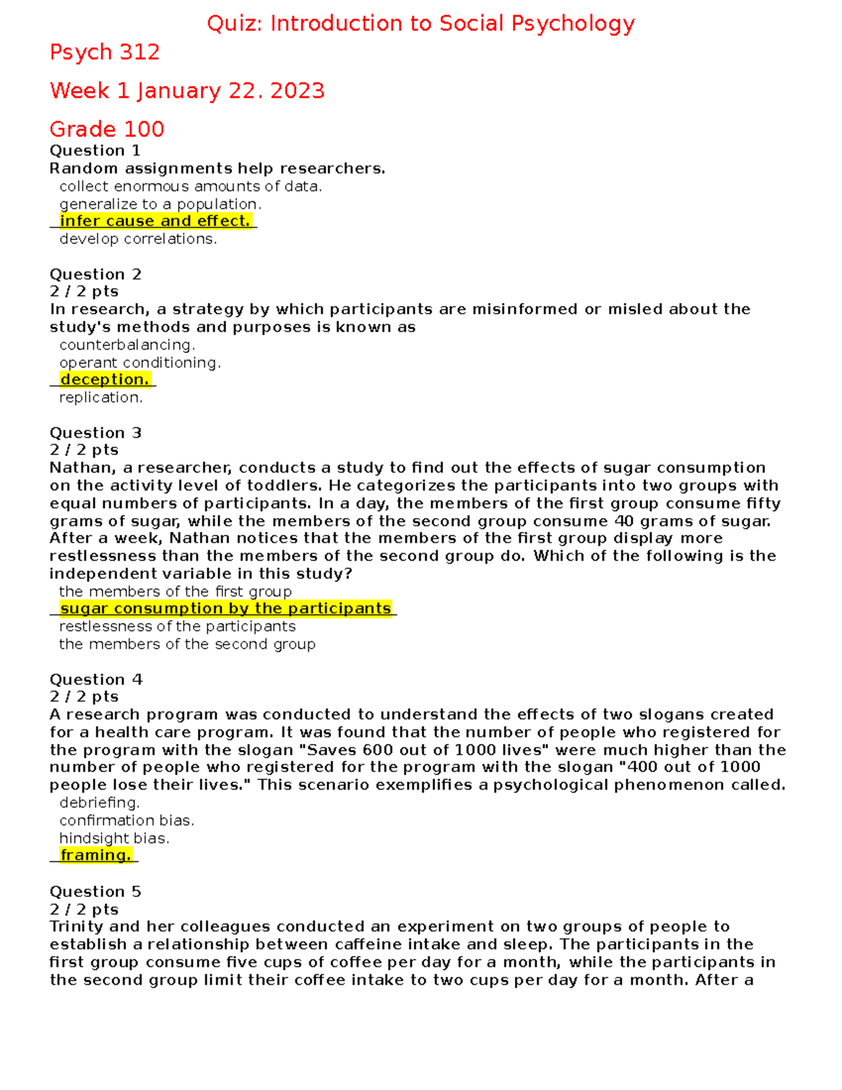 Week 1 Psyc 312 Quiz - Quiz - Psych 312 Week 1 January 22. 2023 Grade ...