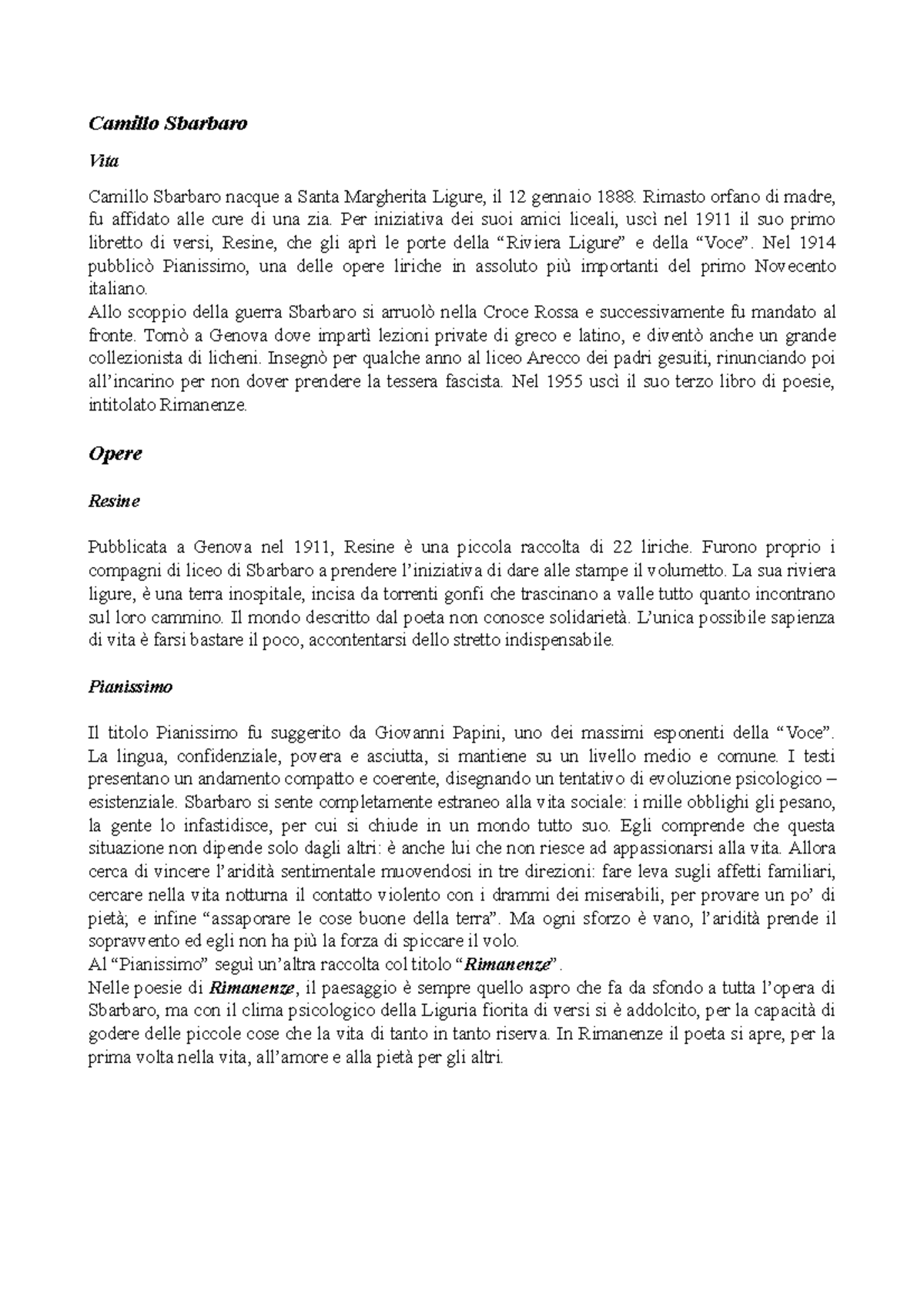 Camillo Sbarbaro Riassunto sintetico e completo Camillo Sbarbaro