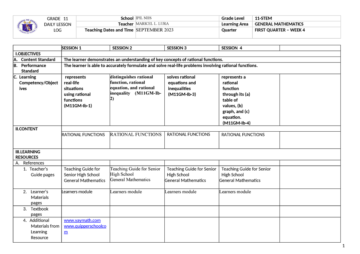 Dll-general-mathematics - GRADE 11 DAILY LESSON LOG School IPIL NHS ...