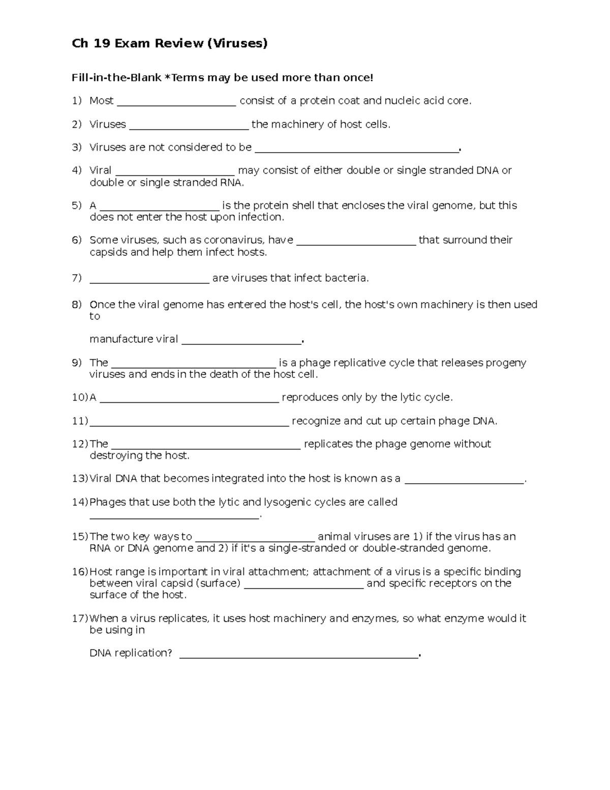 Ch 19 Exam Review Worksheet - Ch 19 Exam Review (Viruses) Fill-in-the ...