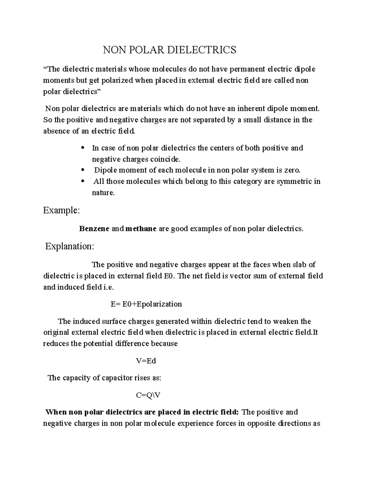 NON Polar Dielectrics - NON POLAR DIELECTRICS “The dielectric materials ...