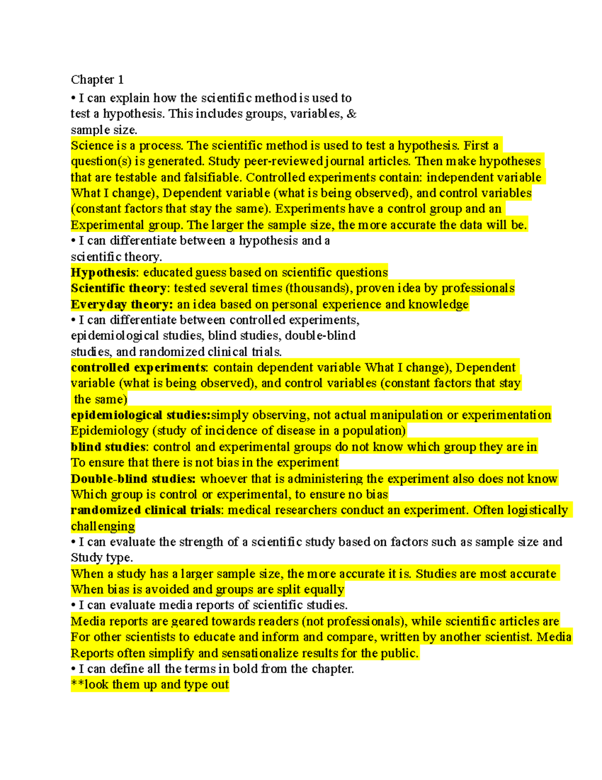 Bio Test 1 Objectives Study Guide for Test 1 Chapter 1 I can