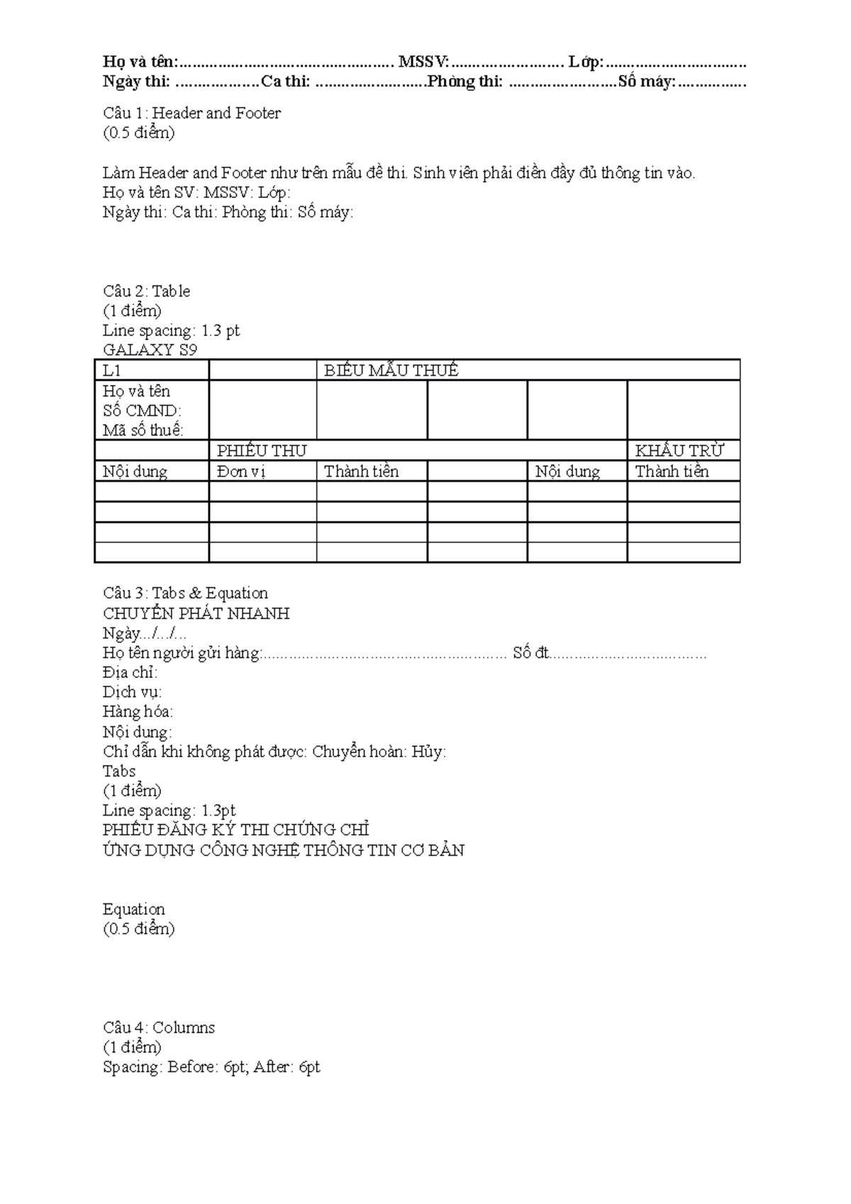 ON TAP DE 01 - Tin học cơ bản - Họ và tên