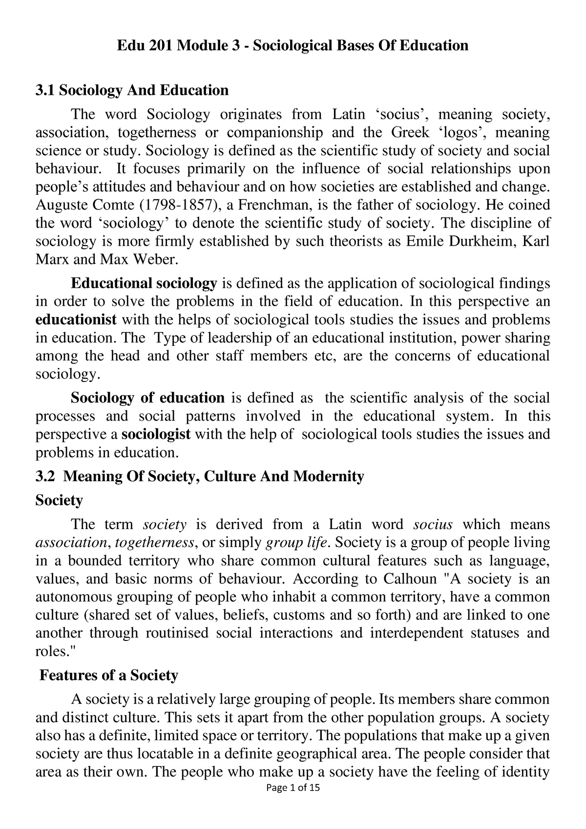 201 Module 3 Sociology - Notes - Edu 201 Module 3 - Sociological Bases ...