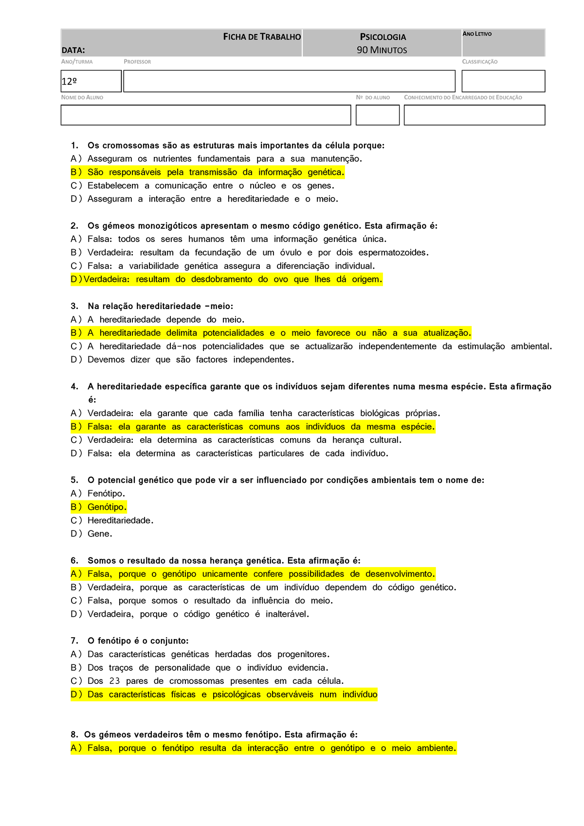 Ficha De Trabalho Psicologia B 12º Ano - Genética (corrigida) - 1. Os ...