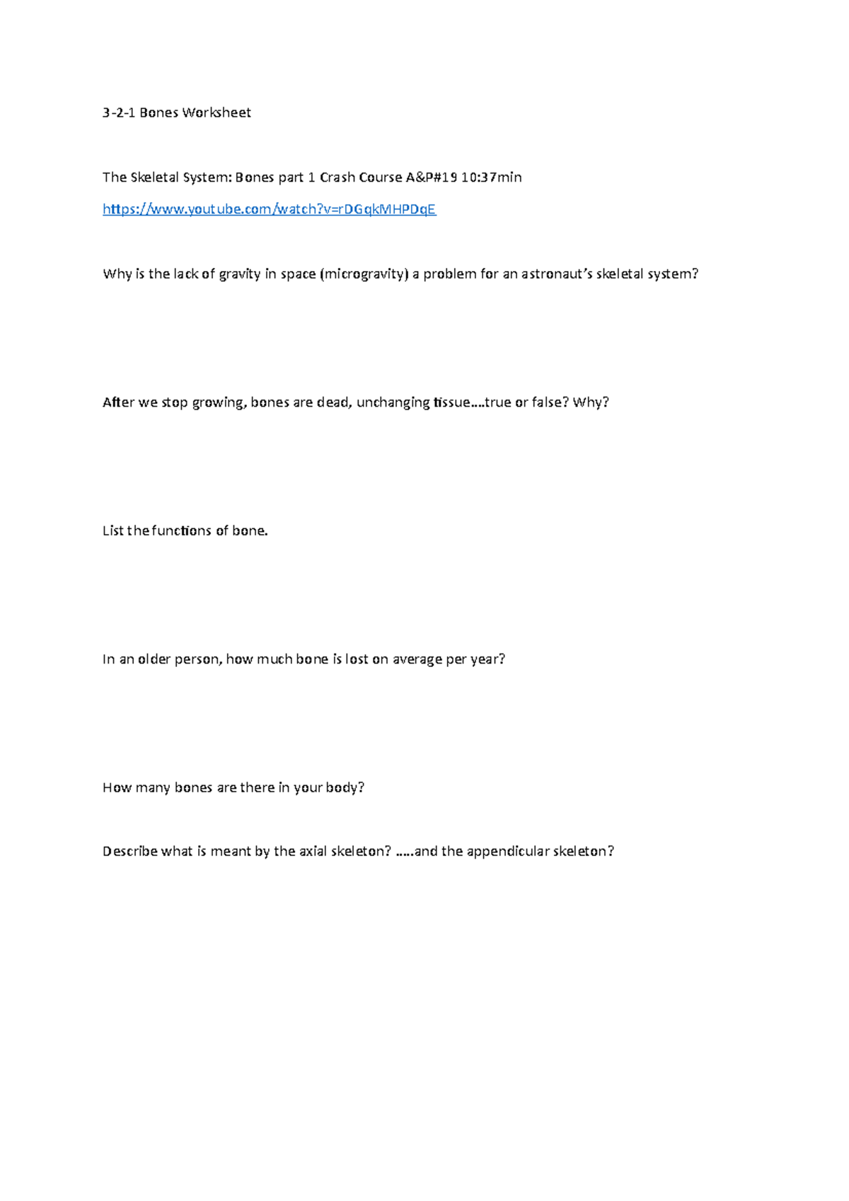 3-2-1 bone worksheet - used to study bones his Subject Outline page in ...
