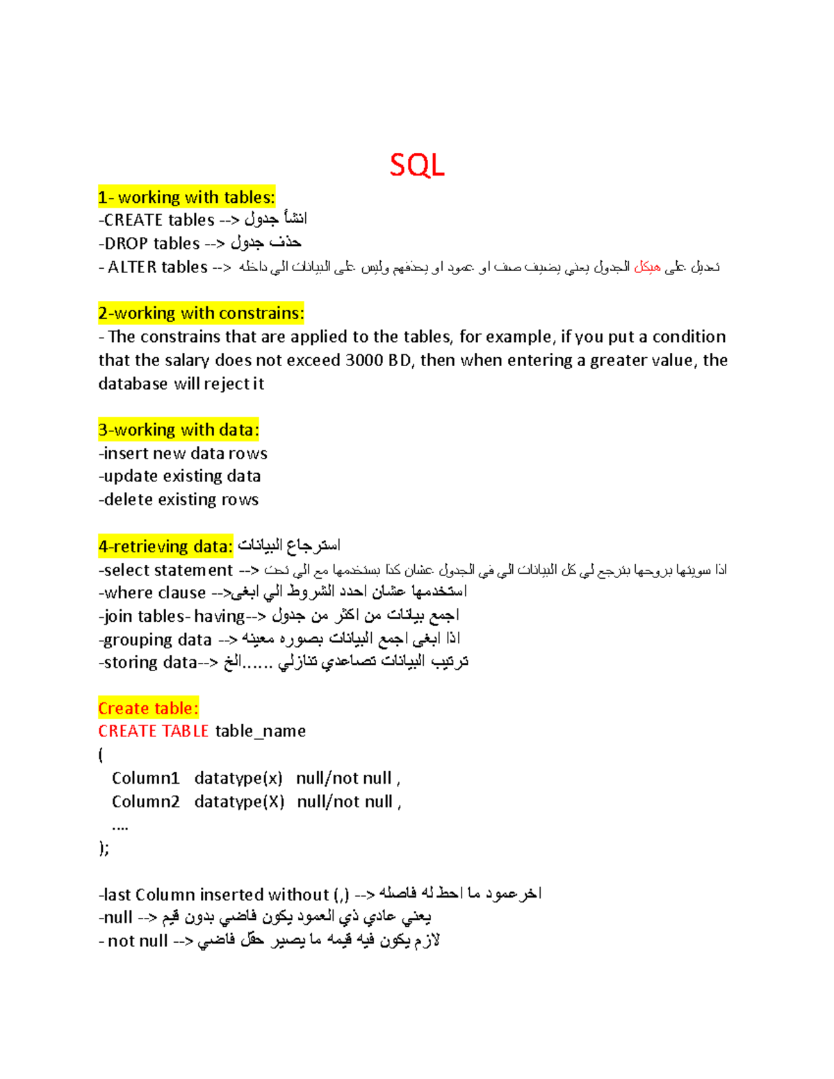 SQL Notes 231025 202509 - SQL 1 - working with tables: - CREATE tables ...