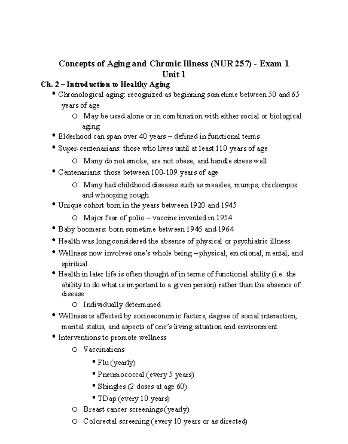 Concepts of Aging and Chronic Illness (NUR 257) - Exam 1 - 2 ...
