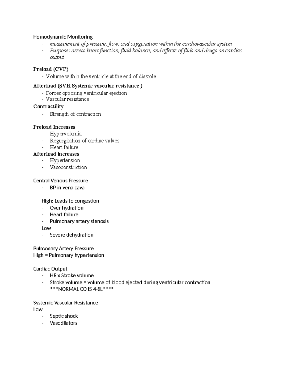 Week 1 Med Surg Notes - Week 1 - Hemodynamic Monitoring - measurement ...