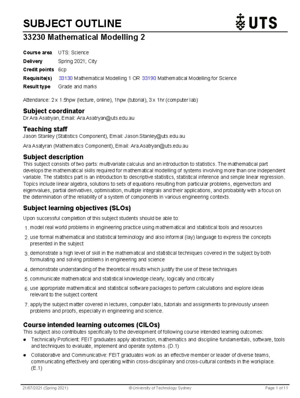 Subject Outline mathematical modelling 2 33230 - SUBJECT OUTLINE 33230 ...