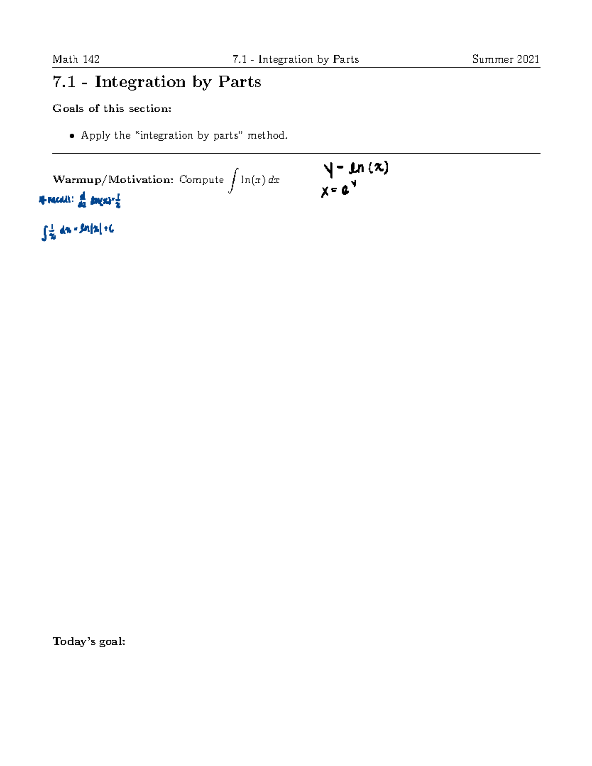 Chapter 7 CH7 Math 142 7 Integration By Parts Summer 2021 7 