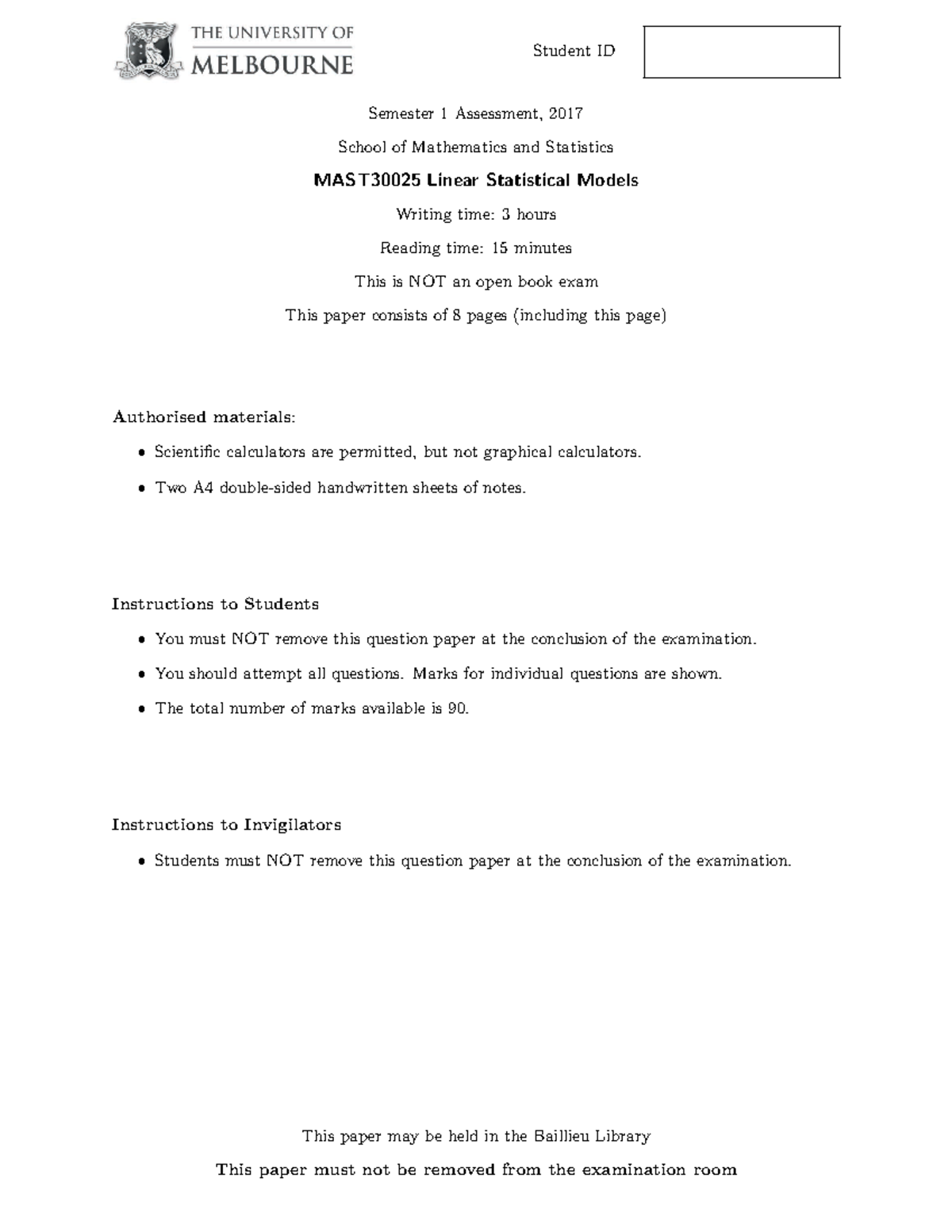 Linear Statistical Models Exam 2017 - Student ID Semester 1 Assessment ...
