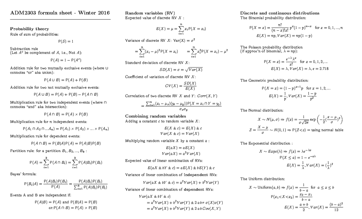 Formula Sheetkbj m,cz ckjzbjbxc kjb,czkjx - ADM2303 formula sheet ...