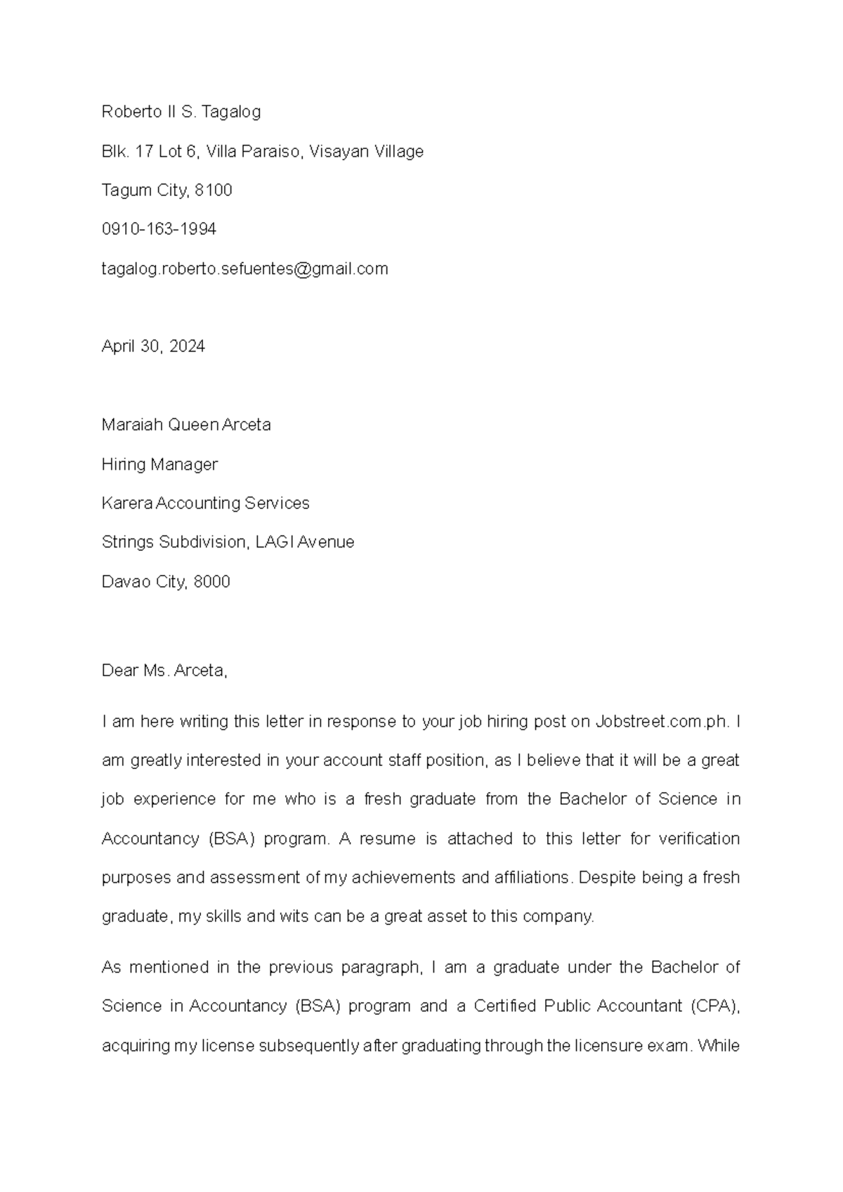 Application letter sample - Roberto II S. Tagalog Blk. 17 Lot 6, Villa ...