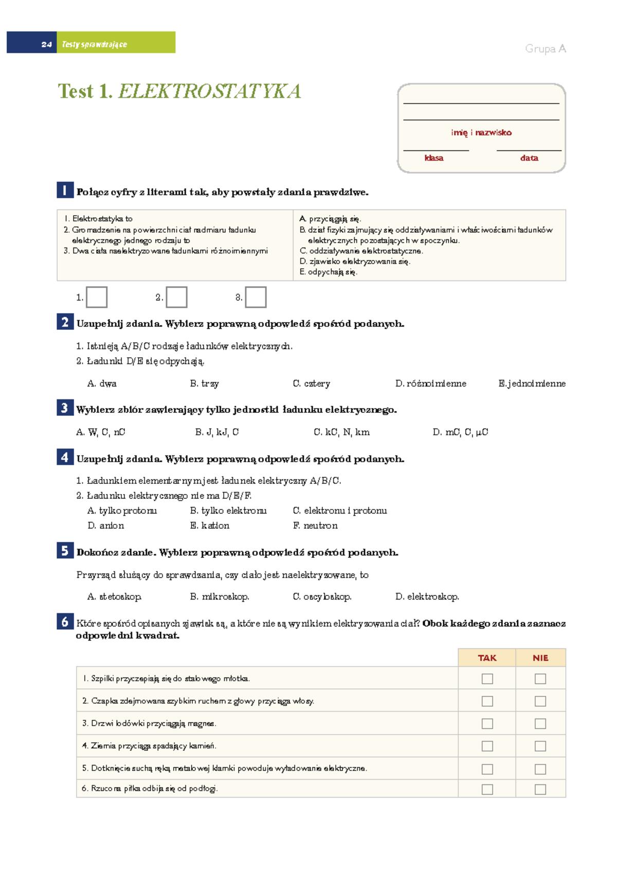 Sprawdzian Z Fizyki Elektrostatyka Klasa 8 www.studocu.com