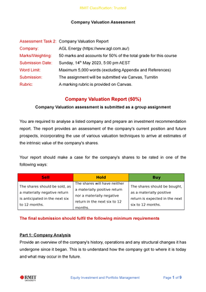 Company Valuation Assignment AGL Company Valuation Assessment