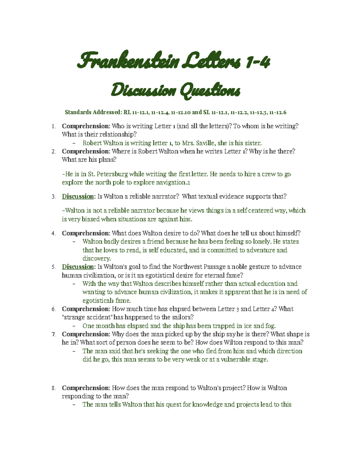Frankenstein Letters 14 Discussion Questions Frankenstein Letters 1 Discussion Questions