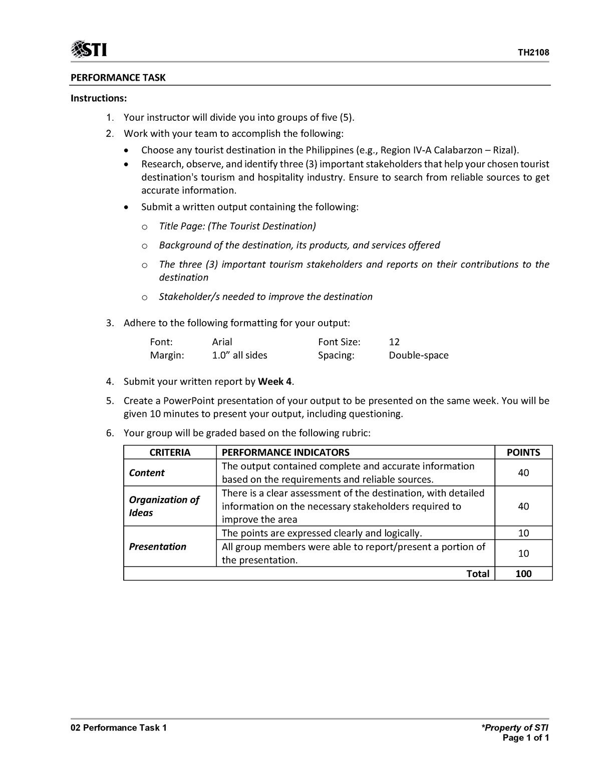 02 Performance Task 1 - Needed - TH 02 Performance Task 1 *Property of ...