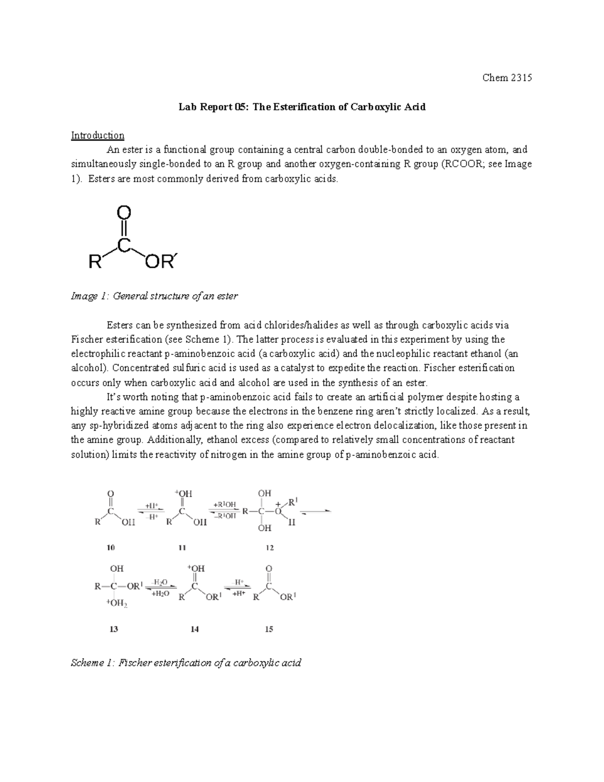 Lab Report 05 Chem 2315 Lab Report 05 The Esterification of Carboxylic Acid Introduction An