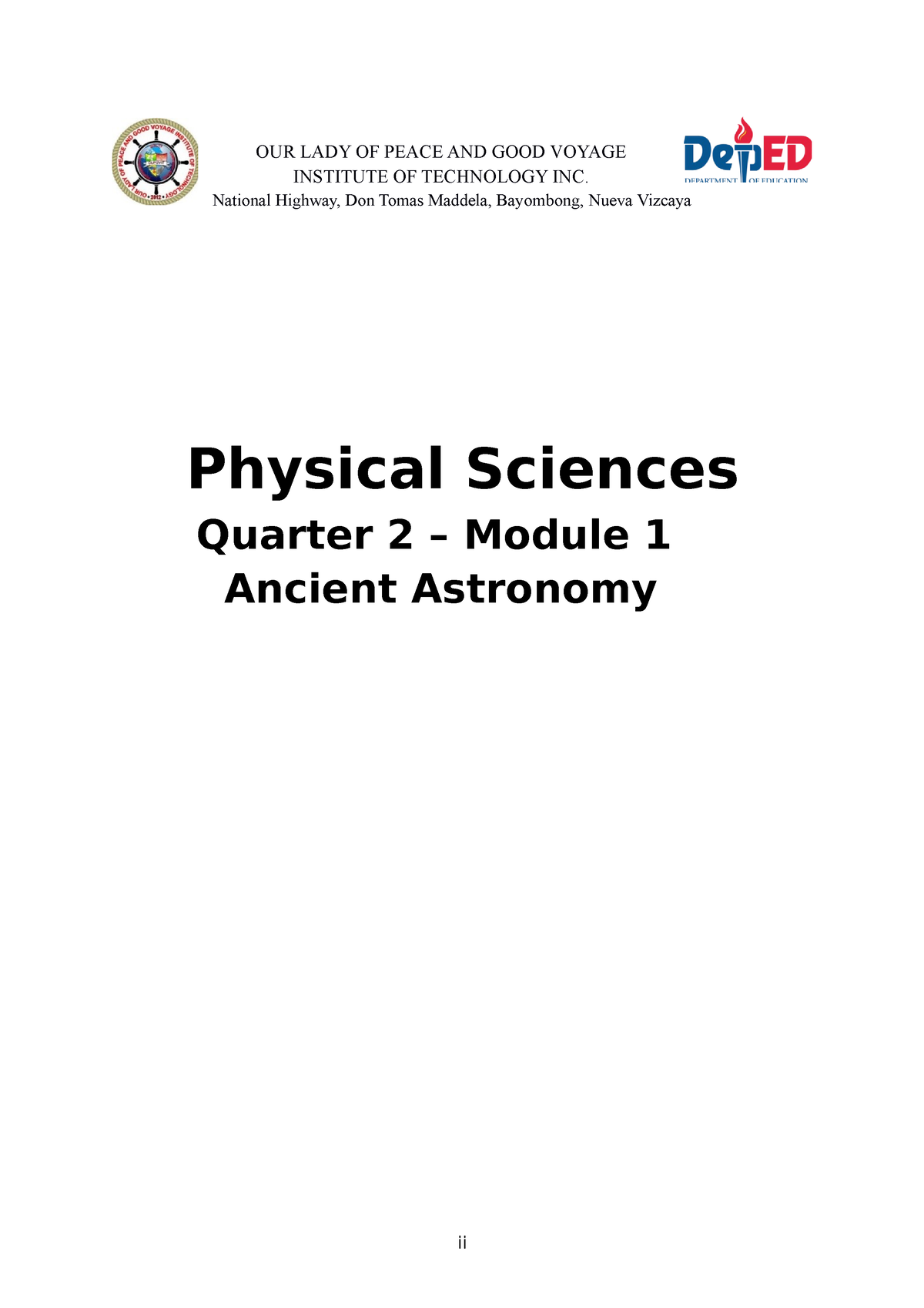 Physical Science Quarter 2 Module 1 Ancient Astronomy - OUR LADY OF ...