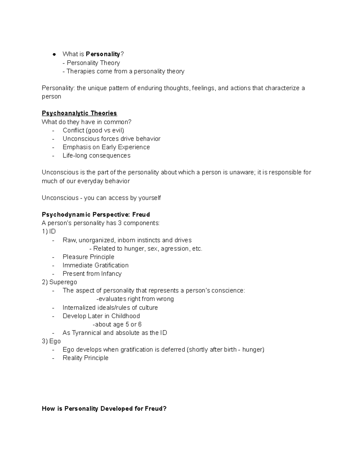 PYSC 101 Final - exam notes - What is Personality? - Personality Theory ...