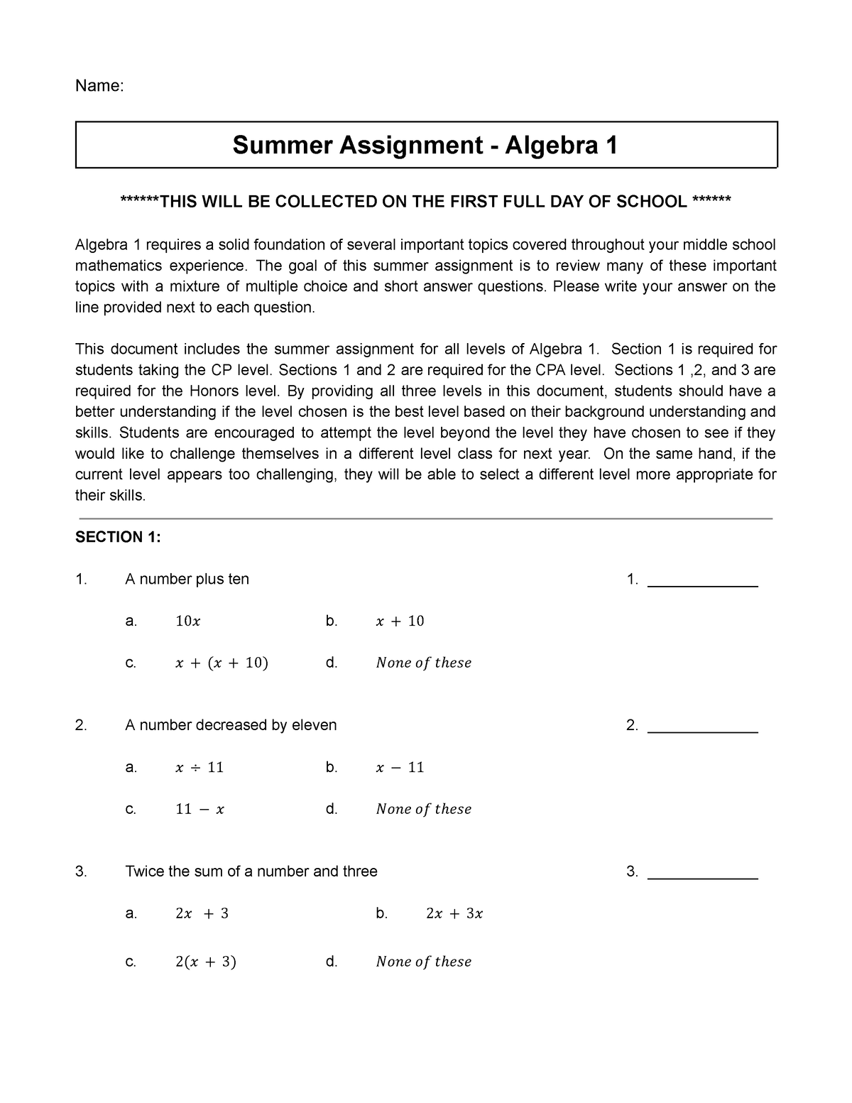 summer assignment algebra 2