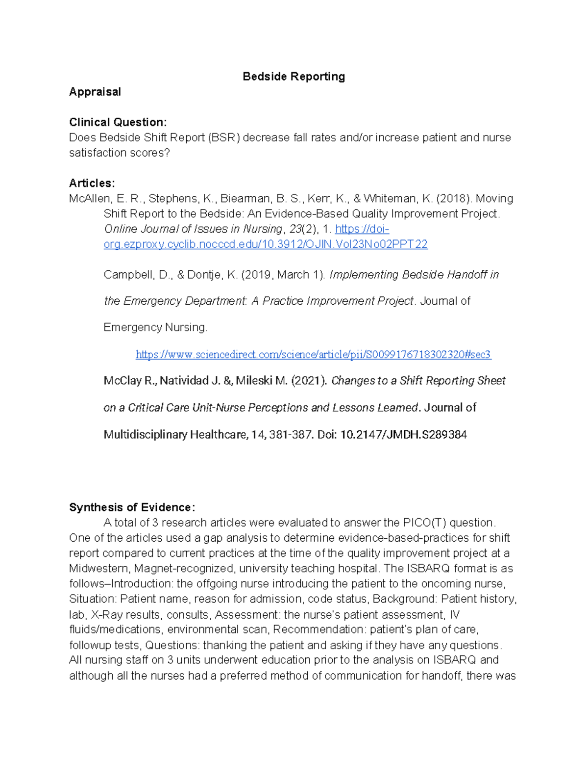 EBP discussion - EBP guide - Bedside Reporting Appraisal Clinical ...