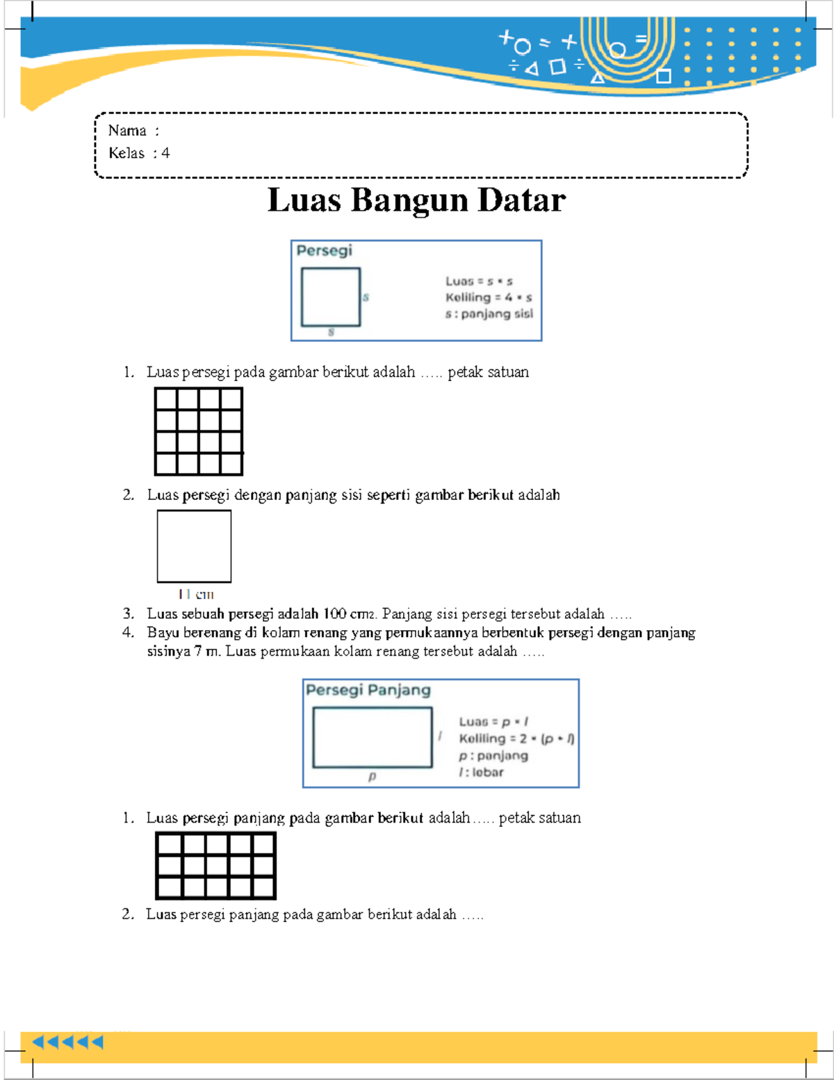 Kelas 4(Luas Bangun Datar) - Luas Bangun Datar Luas persegi pada gambar