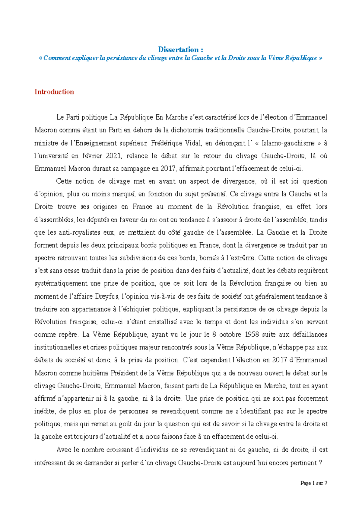 Dissertation - Comment expliquer la persistance du clivage entre la ...